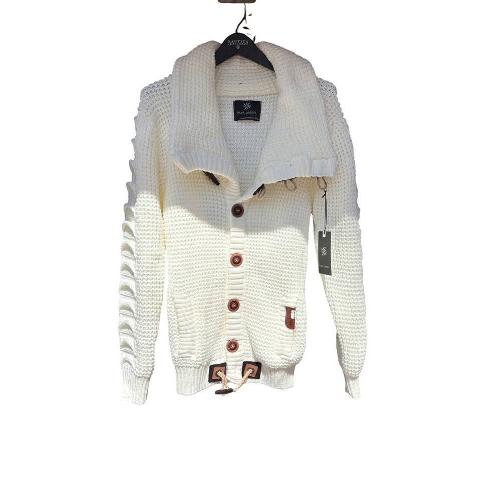 Paul Daniel Mens XXL Chunky Knit Cardigan Ecru White Shawl Collar Sweater‎ 5587